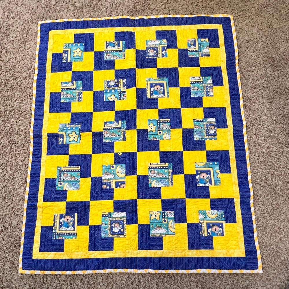 Baby Quilt Yellow Blue Moon Stars Angels‎ Chevron Handmade Toddler Bedding